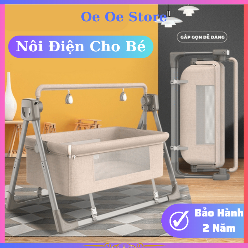 Nôi điện cho bé, Nôi cho trẻ sơ sinh tặng kèm màn và nệm