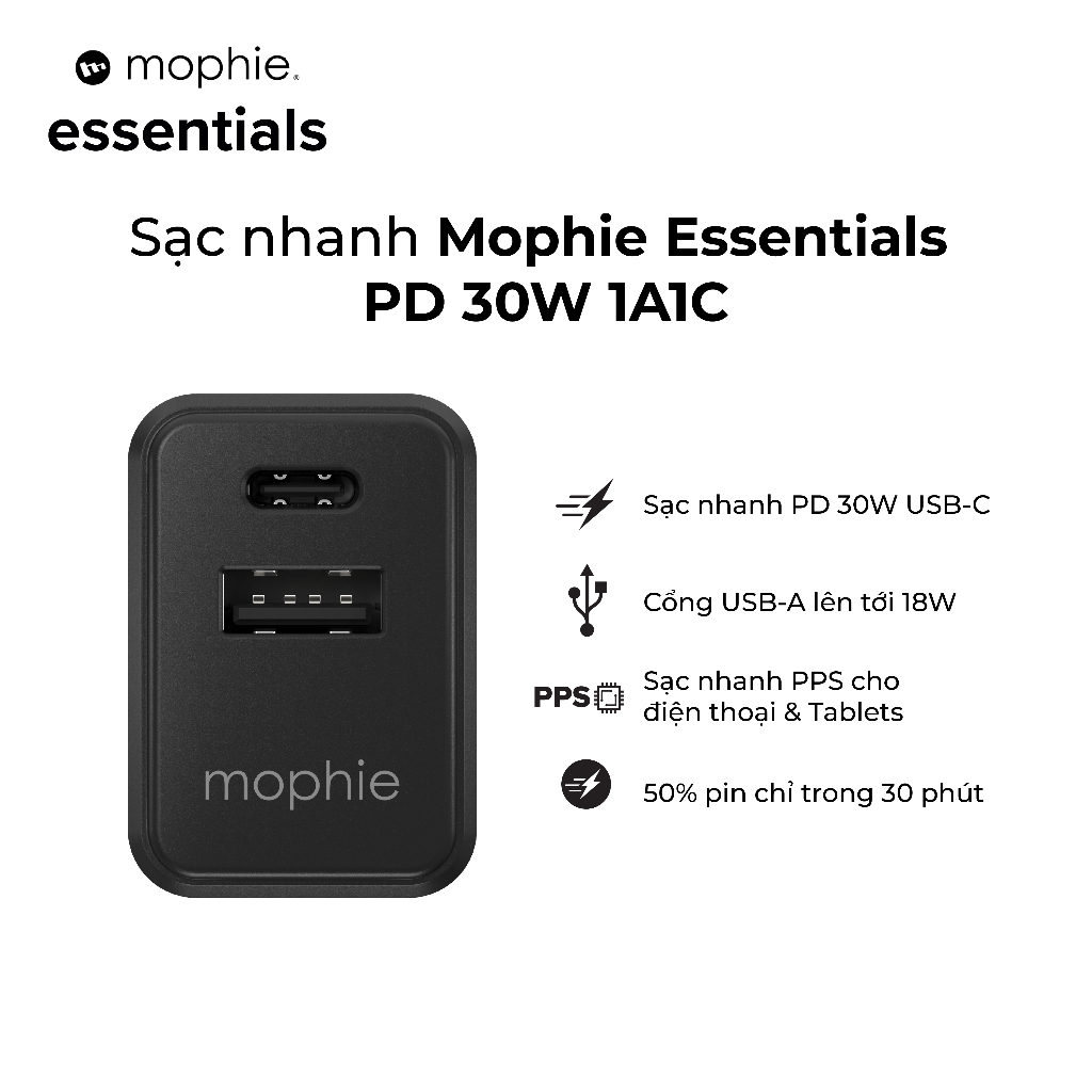 Sạc mophie Essentials PD 30W cổng A và C dành cho iP/nhà táo/Android