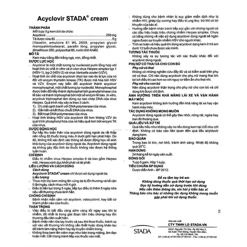 Kem bôi Ácyclòvir tuýp 5g của Stéllà