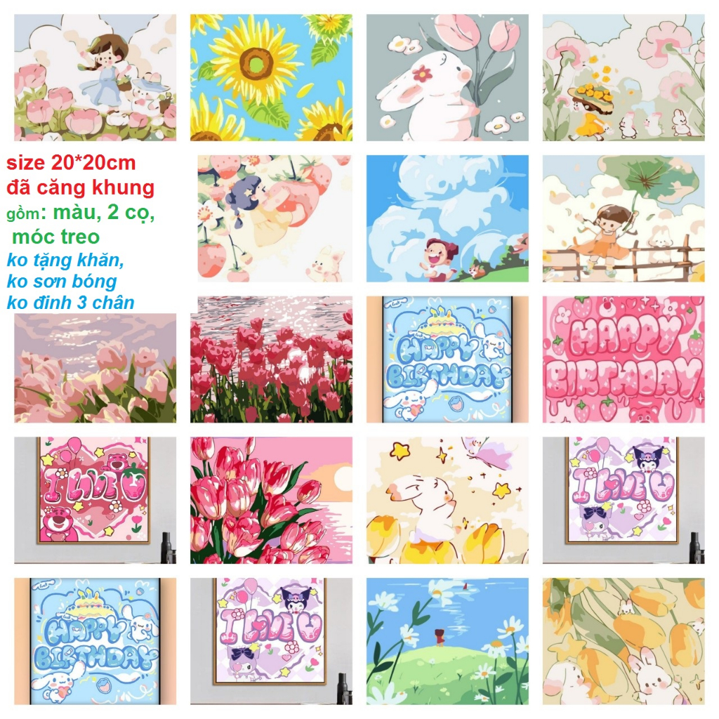 Tranh số hóa 20 x 20 cm -TẶNG KHĂN-Có SƠN BÓNG-đã căng khung-,có 2 đinh 3 chân- Tranh sơn dầu số hóa, tranh tô theo số