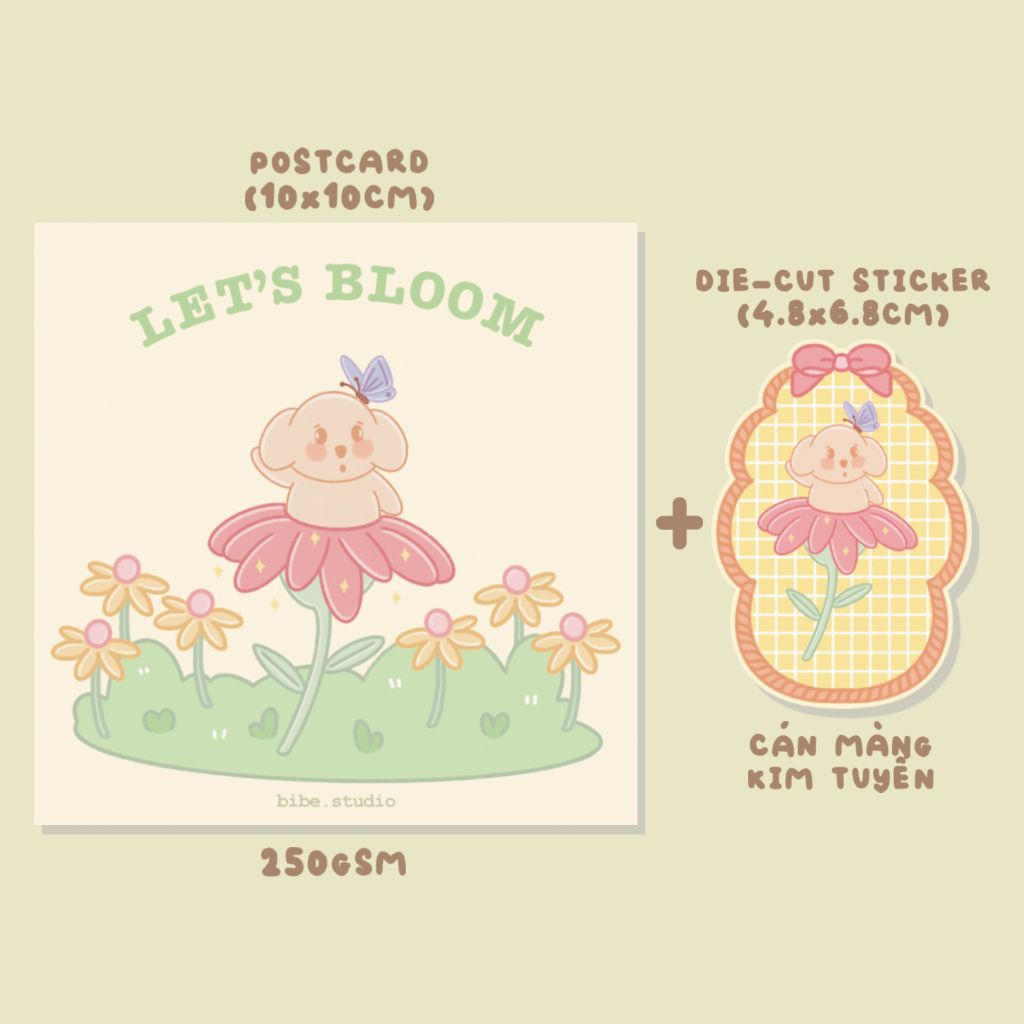 bibe | Beechoo Let's Bloom Postcard & Die-cut Sticker | Hình Dán Trang Trí Sổ Planner, Bullet Journal