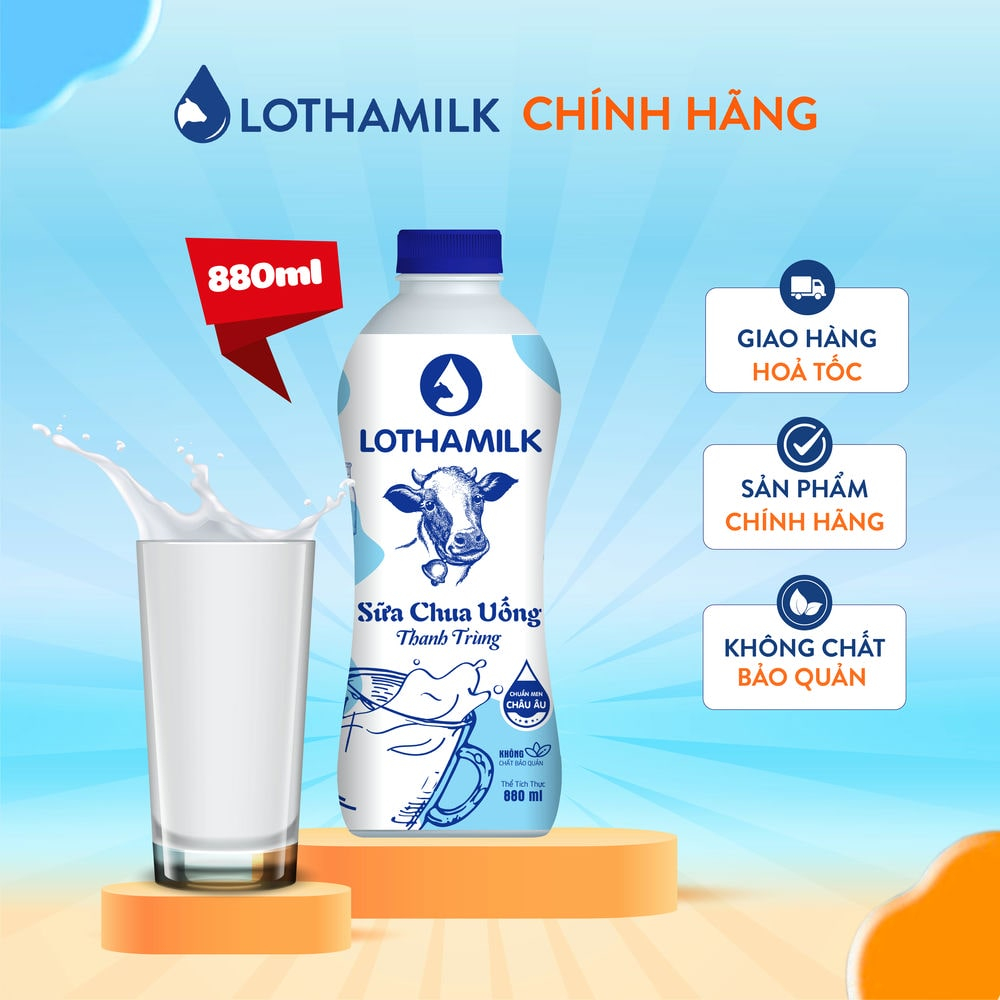 Sữa chua uống thanh trùng Lothamilk có đường chai 880ml