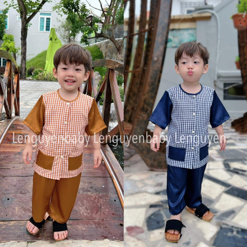 Quần áo bé trai , set bà ba áo caro, Chất Lụa mềm mại, thấm hút mồ hôi tốt