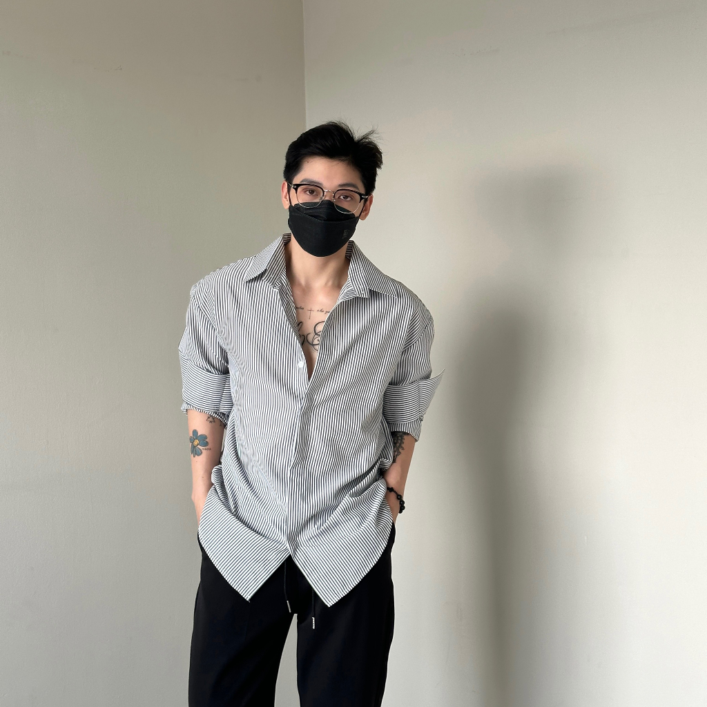 Sơmi che nút xám sọc chất cotton lụa