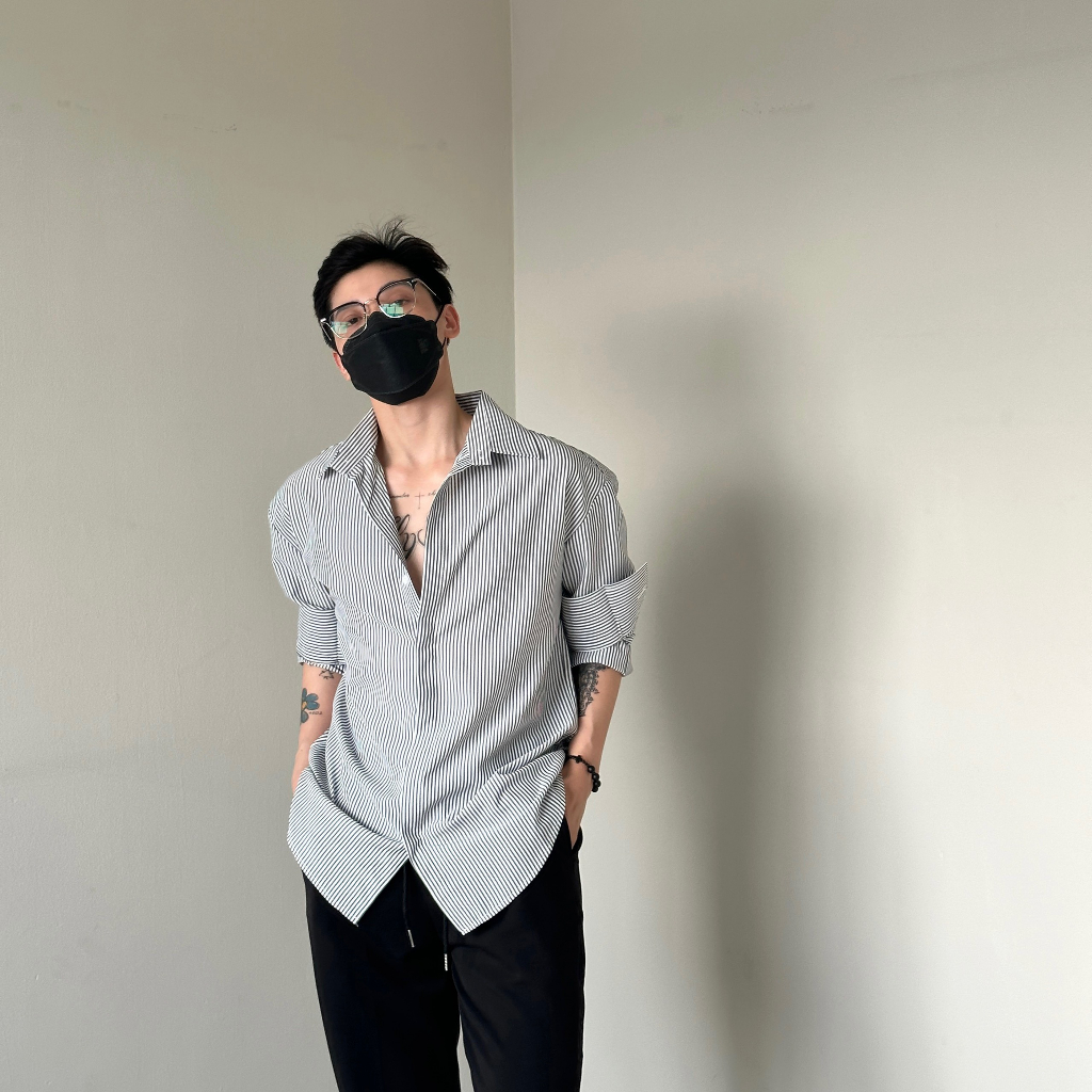 Sơmi che nút xám sọc chất cotton lụa