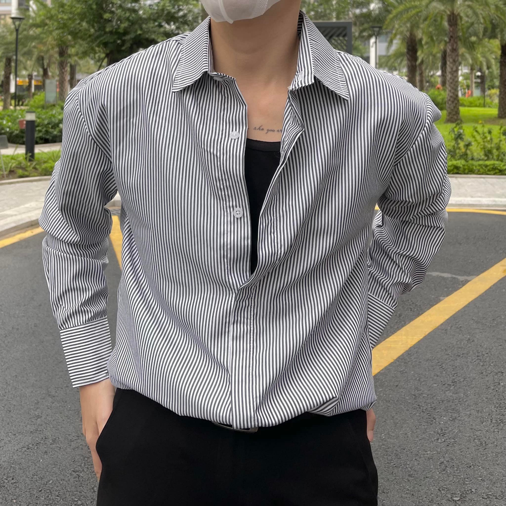 Sơmi che nút xám sọc chất cotton lụa