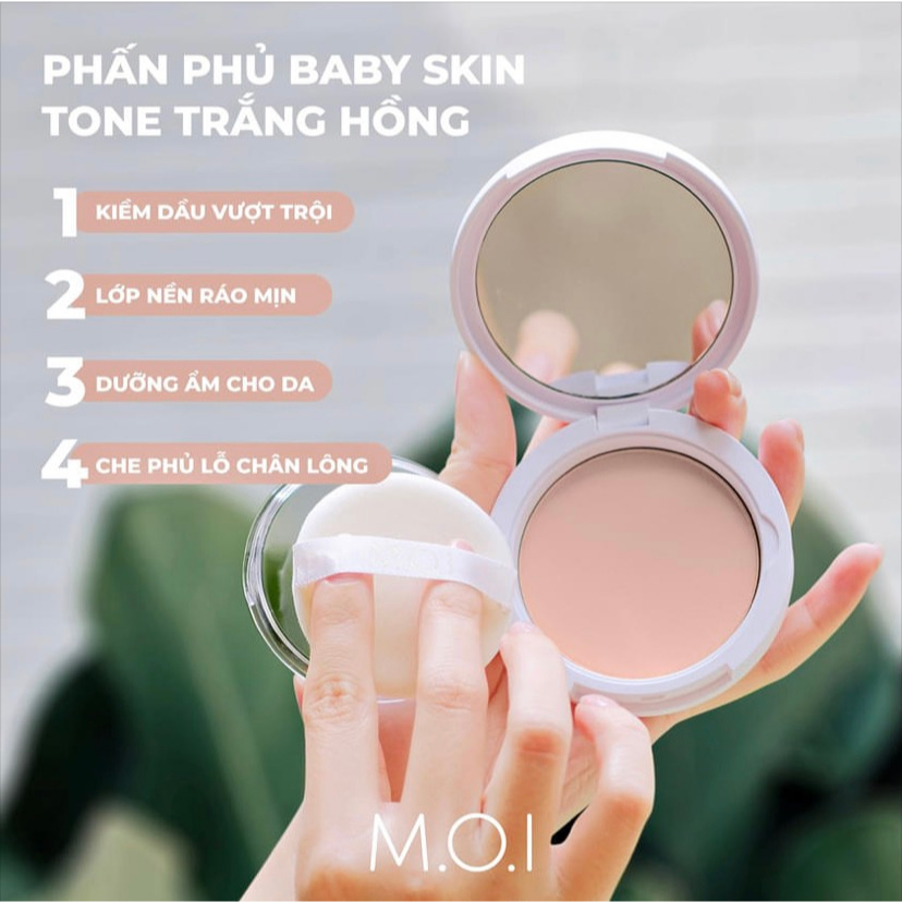 Phấn Phủ kiềm dầu chính hãng M.O.I, siêu mịn, siêu đẹp, kháng nước Baby Skin Powder