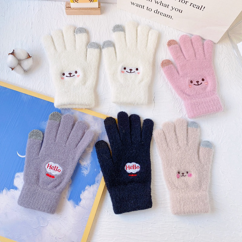 GT25 Găng tay nữ thêu hình icon HELLO dễ thương