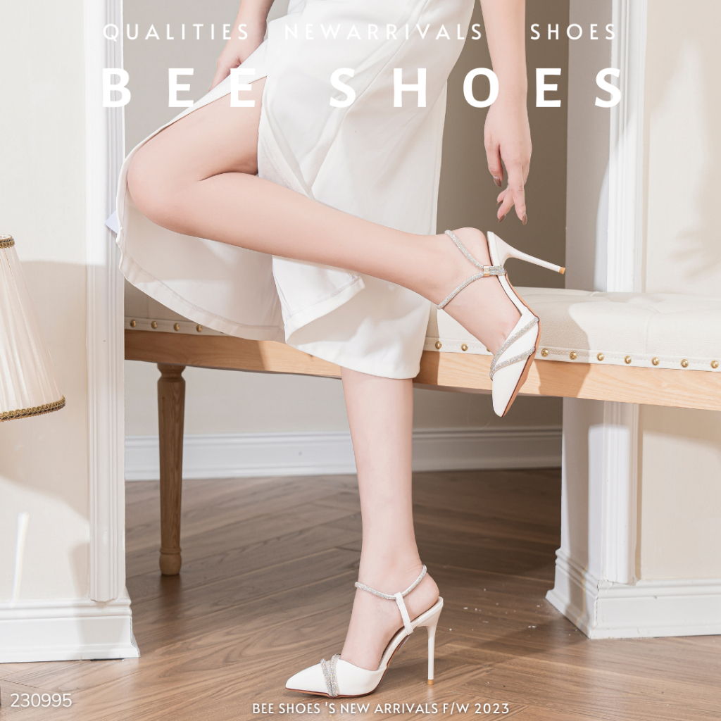 GIÀY CAO GÓT BEESHOES NỮ MŨI NHỌN - GIÀY CAO GÓT NỮ GÓT NHỌN CAO 11 PHÂN SẴN MÀU ĐEN KEM TRẮNG 230995