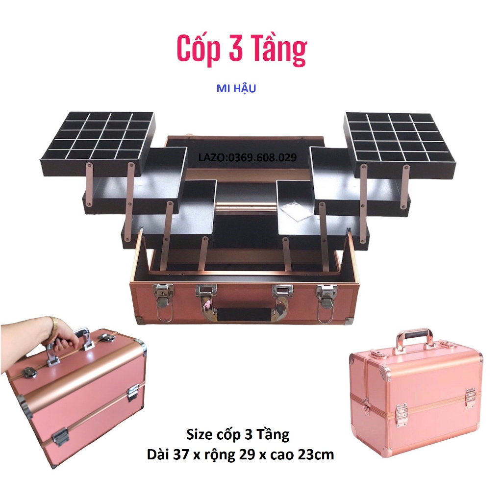 Cốp 3 Tầng Đựng Đồ Nail,Mi, Phun Xăm, Trang Điểm,Cốp Nhôm 2 Khuy Size 37x29x23 Hộp Đựng Đồ Nghề Make Up,Tủ Nhôm Loại Lớn
