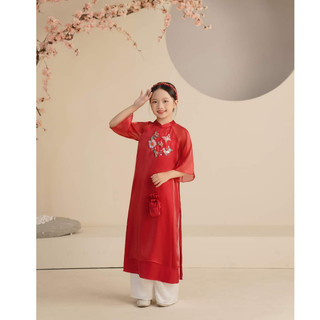 Áo dài cách tân bé gái màu đỏ chất tơ sống thêu hoa cao cấp - Aq39