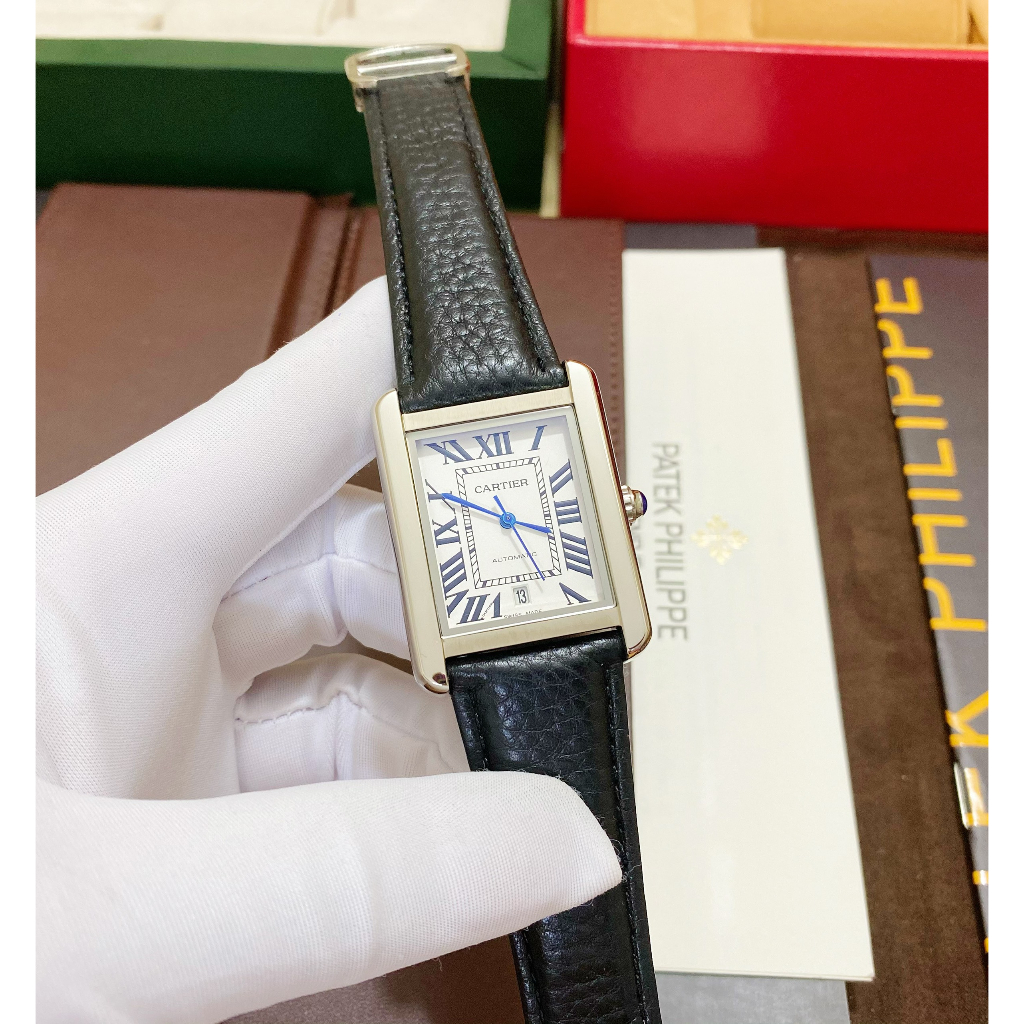 Đồng hồ Nam CTE 3kim chữ nhật dây da số la mã vỏ trắng  38mm dòng cơ Automatic