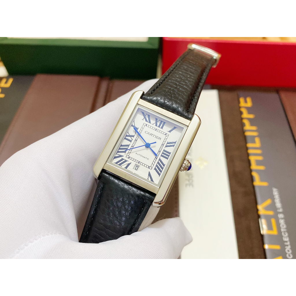 Đồng hồ Nam CTE 3kim chữ nhật dây da số la mã vỏ trắng  38mm dòng cơ Automatic