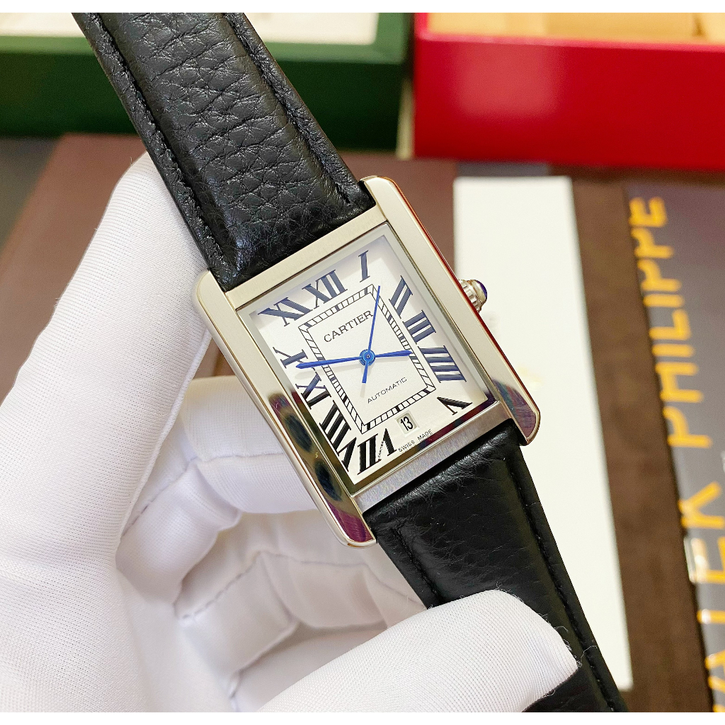 Đồng hồ Nam CTE 3kim chữ nhật dây da số la mã vỏ trắng  38mm dòng cơ Automatic