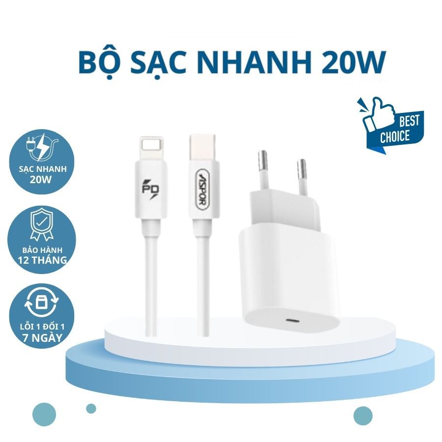 Bộ sạc nhanh 20W Aspor A801, type C ra L.ning, sạc 30 phút đầy 55% pin, chống nóng máy và cháy nổ, bảo hành 12 tháng