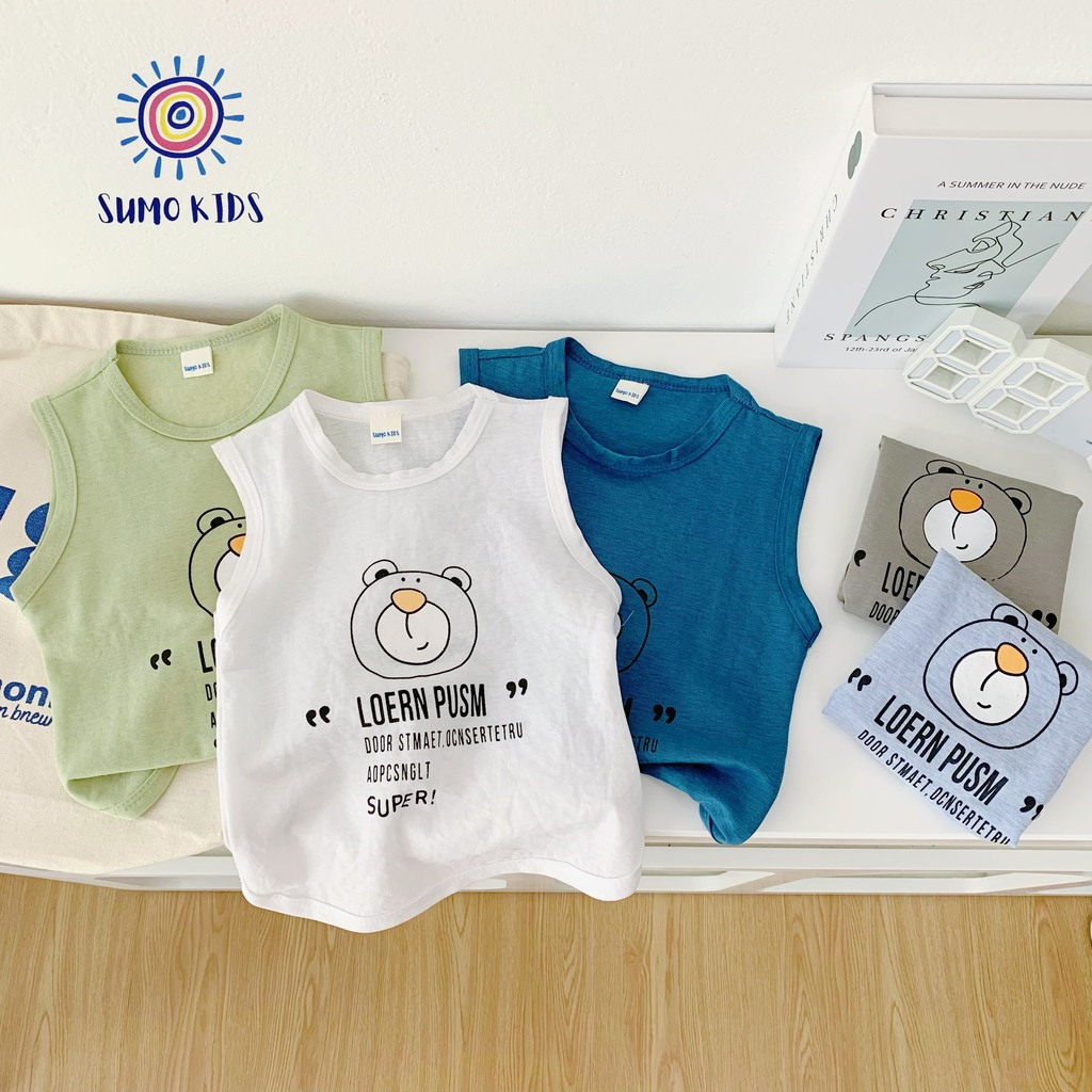 Áo ba lỗ sách nách cho bé Binbon kids, Áo thun cho bé trai bé gái chất đũi không nhăn in hình gấu AG01 cho bé 6-28kg