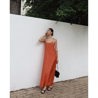 Váy Lụa Linen Dây Lưng Buộc Cam Dress | FLANH