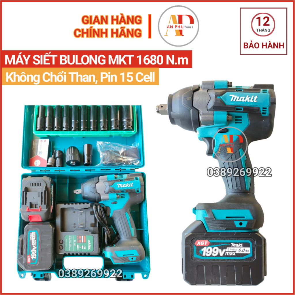 Máy Siết Bulong Pin MKT 1680 N.m, Không Chổi Than, Pin 15 Cell cao Cấp, Máy Bắn Bulong 4 Cấp Tốc Độ Bảo Hành 12 Tháng