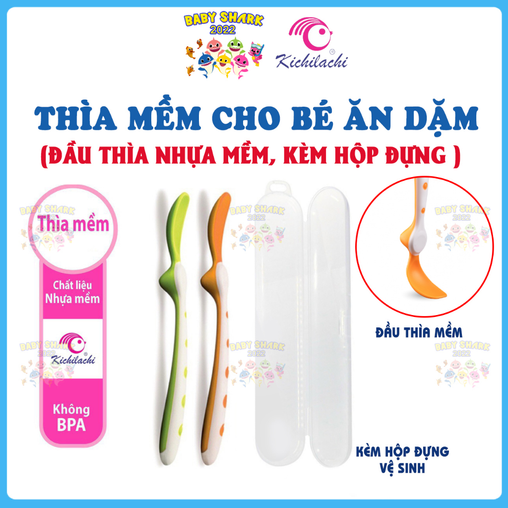 Thìa ăn dặm cho bé bằng nhựa mềm Kichilachi kèm hộp đựng vệ sinh