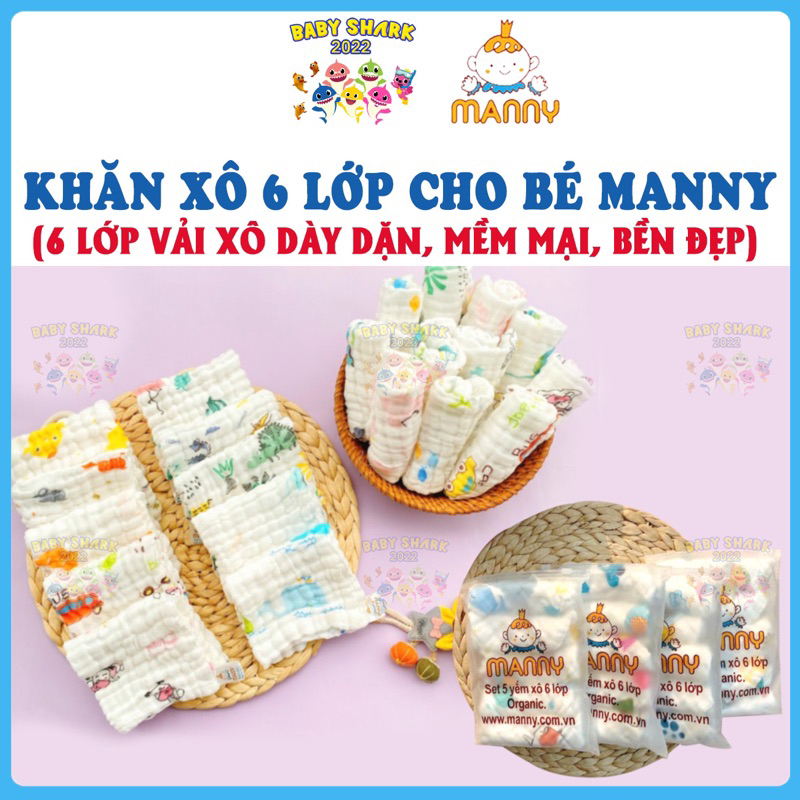 Combo 5 Khăn xô, khăn sữa 6 lớp MANNY chính hãng, siêu mềm, siêu thấm cho trẻ sơ sinh và trẻ nhỏ