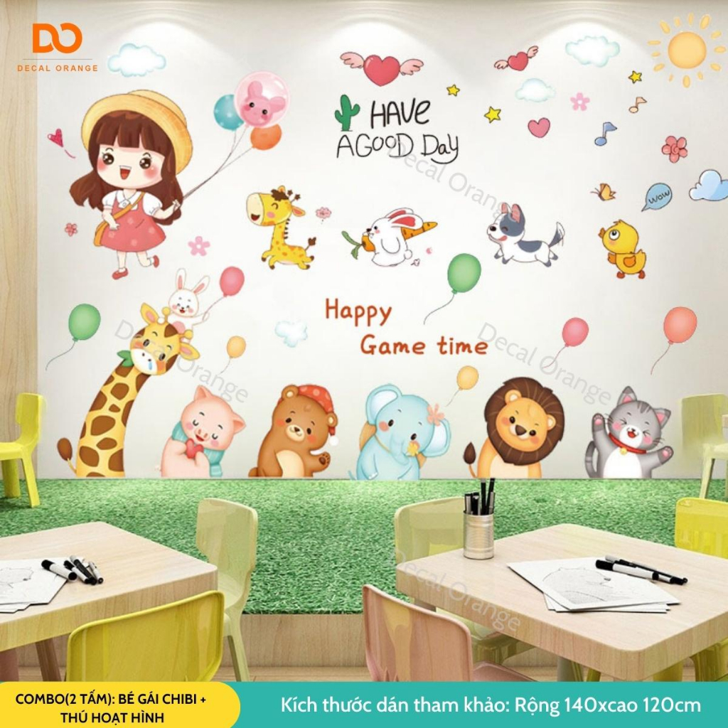 Combo Decal dán tường cho bé, Tranh dán tường cho bé, trang trí phòng ngủ Bé gái chibi và Thú hoạt hình