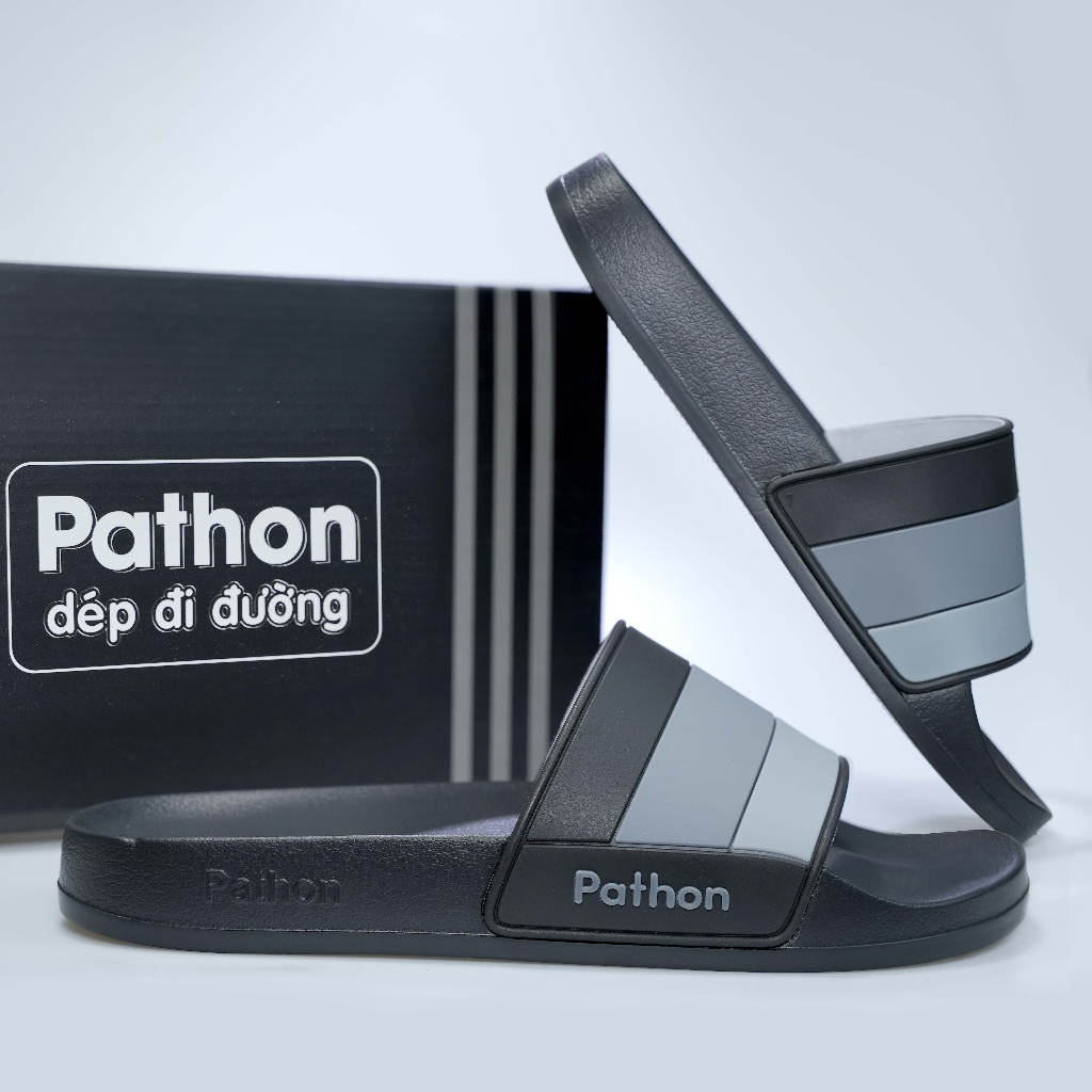 Dép nam PATHON SD120, quai ngang PVC sọc xám đen lớn, đế nhám PU êm chân chống trượt