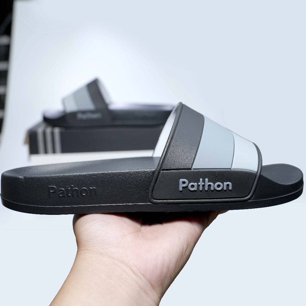 Dép nam PATHON SD120, quai ngang PVC sọc xám đen lớn, đế nhám PU êm chân chống trượt