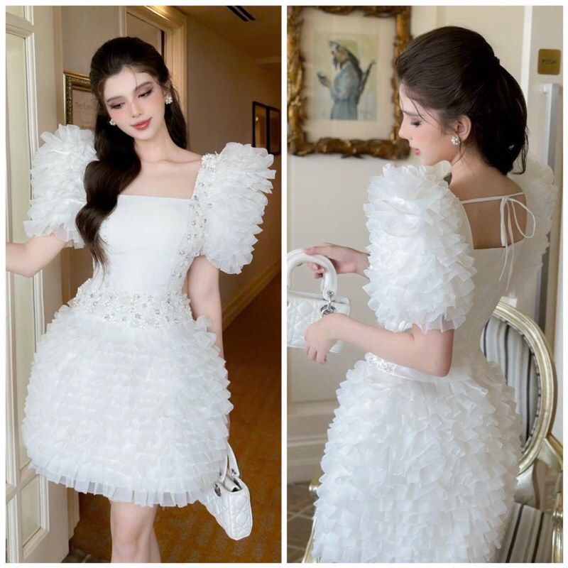 SIZE>65KG ĐẦM CỔ U TẦNG ĐÍNH HOA KIM SA (Có Hình Thật )