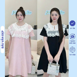 Đầm váy bầu dự tiệc mùa hè cổ ren dáng suông dễ mặc - đầm bầu babydoll mặc trước và sau sinh freesize