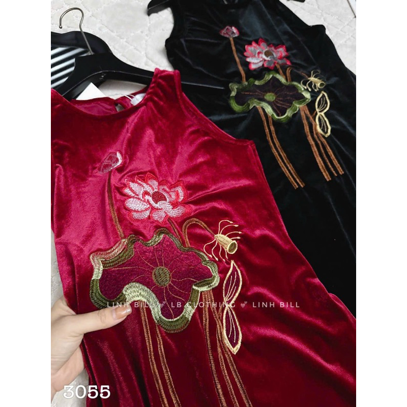 Váy Nhung Thêu Hoa Sen Sát Nách Dáng Dài Mã AS42
