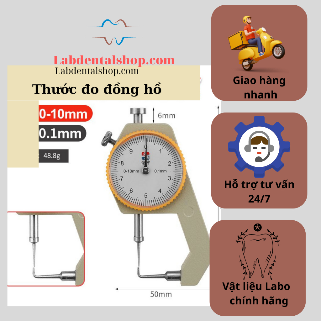 Thước đo đồng hồ đầu nhọn đo độ dày lòng mão, đo zem 0-10mm Ladentalshop sản phẩm dành cho KTV Labo và nha khoa