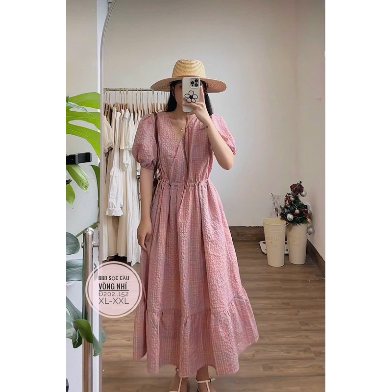 váy babydoll dáng dài sọc hồng phong cách tiểu thư 60-90kg(hoả tốc-hcm)