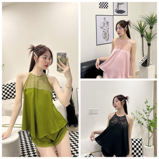 Pijama đùi 2 dây yếm lụa latin mềm mịn - Đồ Bộ Nữ Freesize 40-55kg