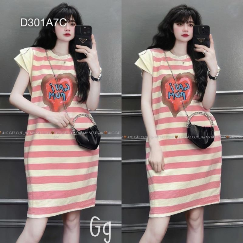 Đầm tay ngắn màu sọc dáng suông in hình trái tim chữ trước cực hot hit , chất thun gân co giãn mềm mịn