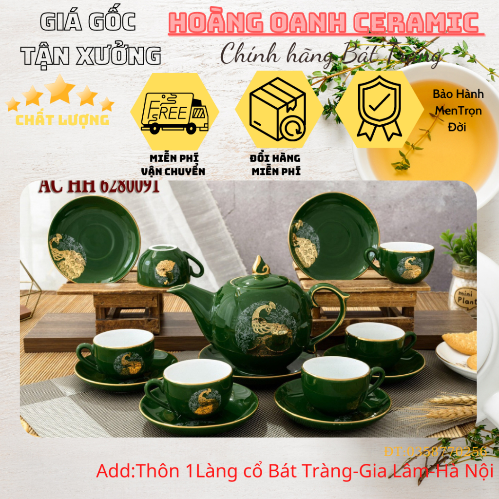 (CHỌN MẪU)Bộ Ấm Chén Pha Trà-hàng nhà lò chuẩn Bát Tràng -Dáng Chóp,men Rêu,vẽ Vàng Công Thành Danh Toại…