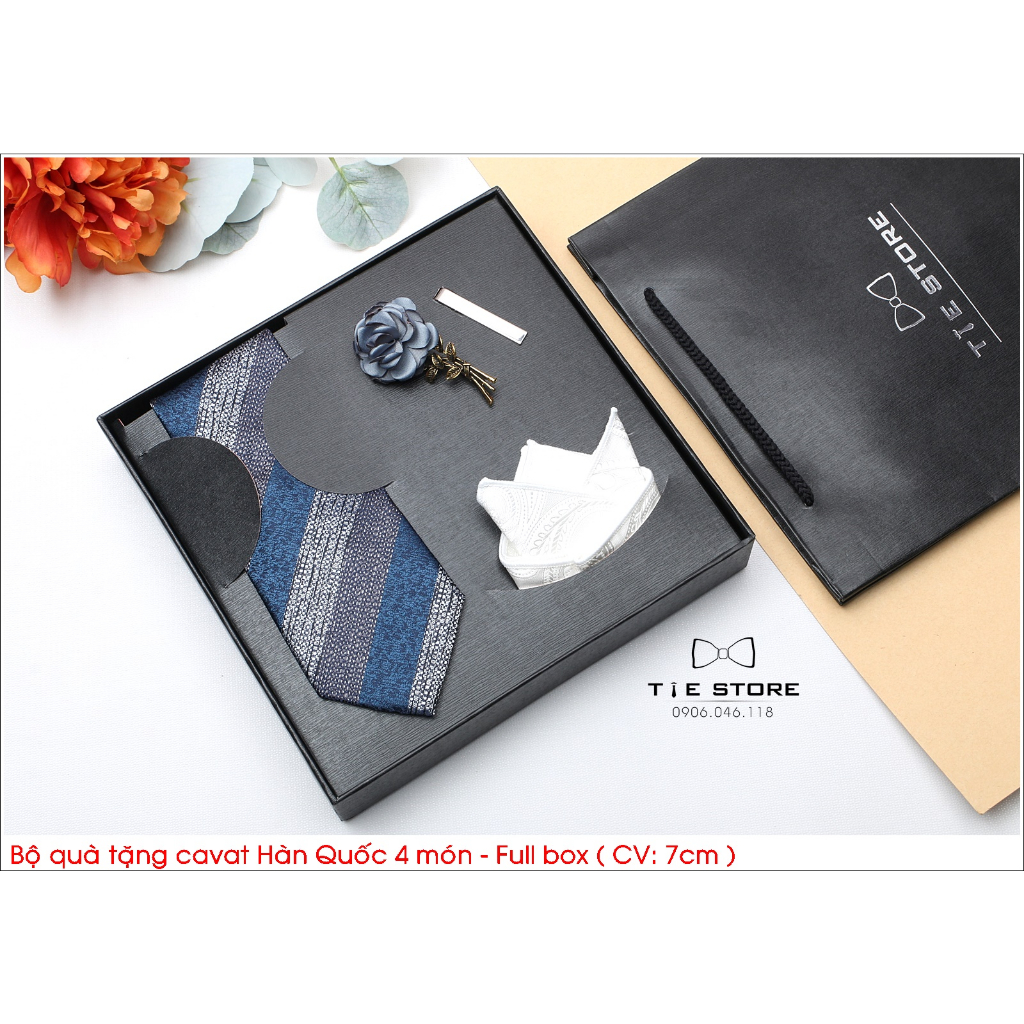 Cavat Bộ Cao Cấp Hàn Quốc 4 món Phụ Kiện - Full box kèm túi xách. màu xanh kẻ