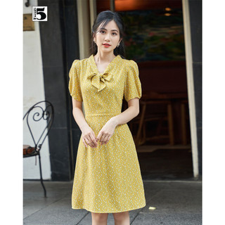 Váy đầm nữ midi công sở hoa nhí tay bồng cổ thắt nơ Twentyfive TD10