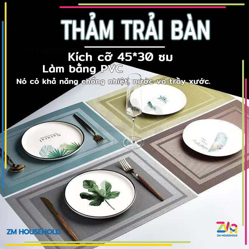 Tấm Lót Bàn Ăn Placemat Cao Cấp Nhiều Mẫu Mã Màu Sắc, Nhựa PVC Chống Trượt, Chống Nhăn
