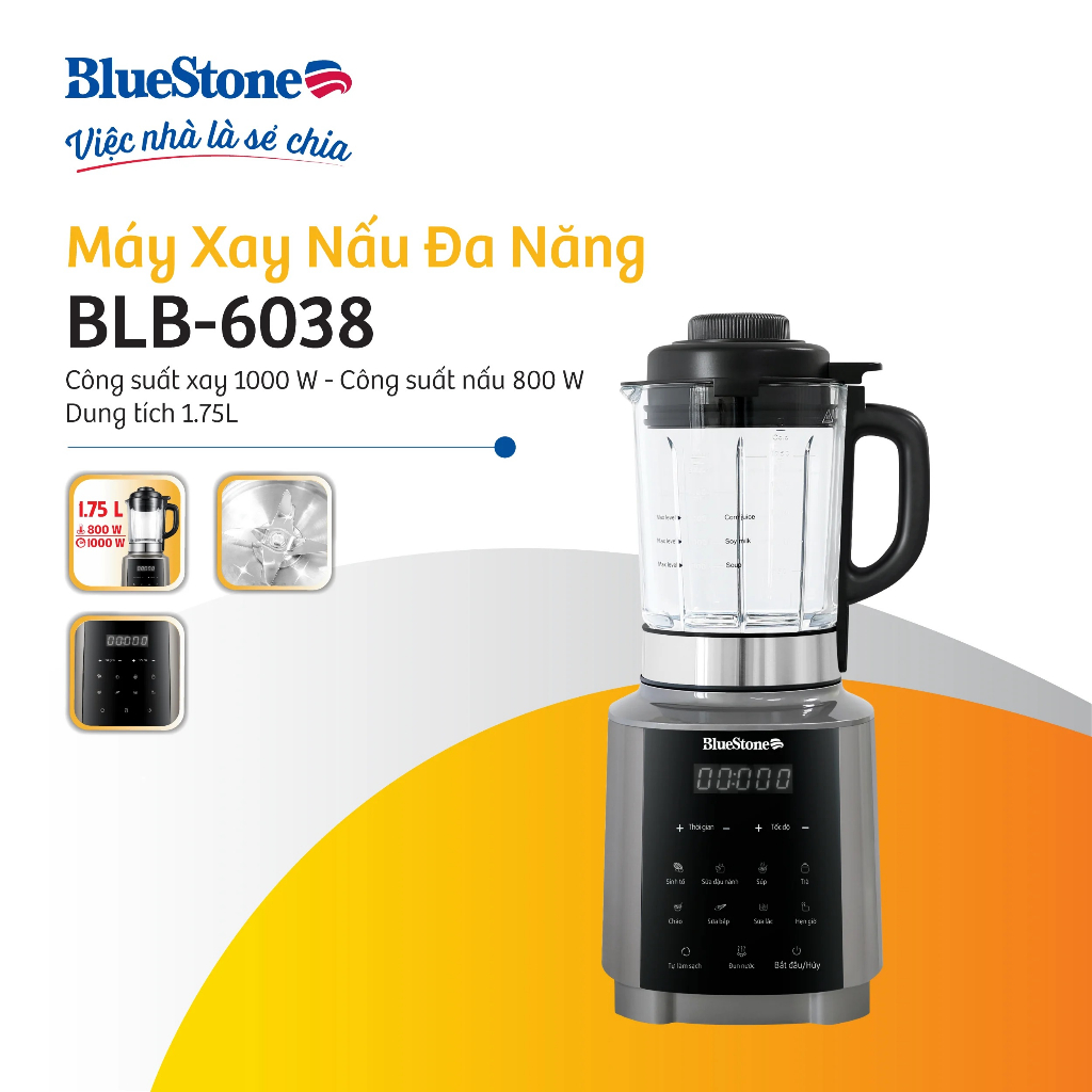 Máy Làm Sữa Hạt BlueStone BLB-6038, 1800W - 1,75Lit, Lưỡi Dao 8 Cánh Động Cơ Mạnh Mẽ,  Hàng Chính Hãng