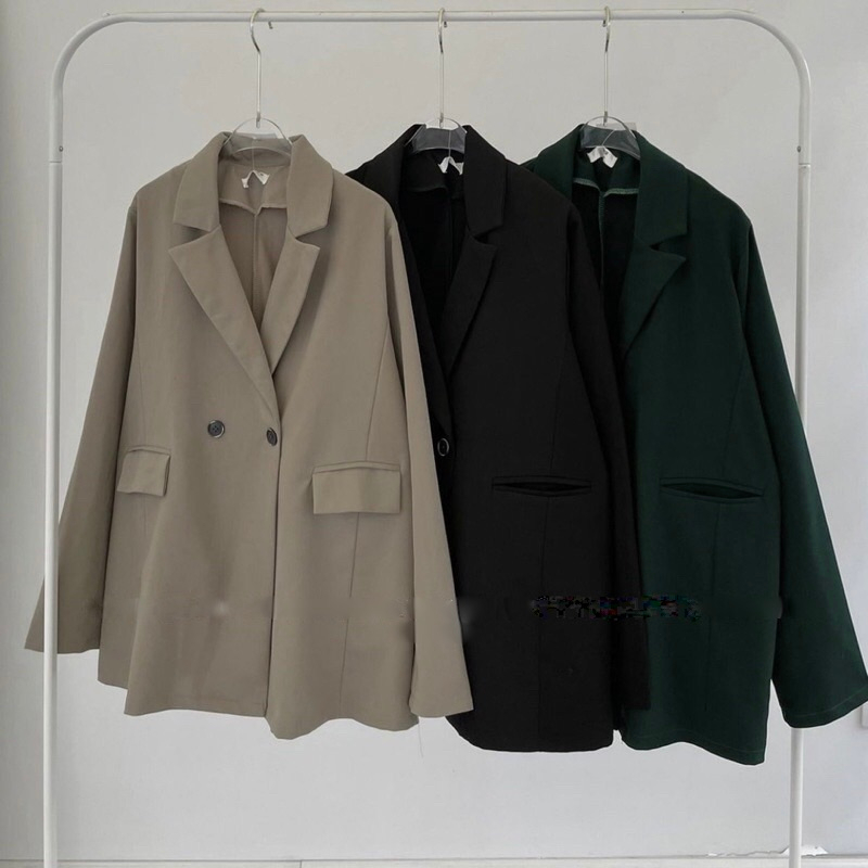 Áo blazer bigsize nữ hai lớp dày dặn màu trơn form rộng dài tay cổ vest có đệm vai độn vai vải kaki khaki phong cách hàn