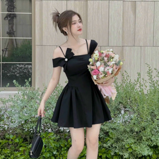 Đầm dài dự tiệc, thời trang nữ sang chảnh chất liệu cotton lạnh cổ dây trễ vai có mút kèm nơ ngực dáng váy xoè mini