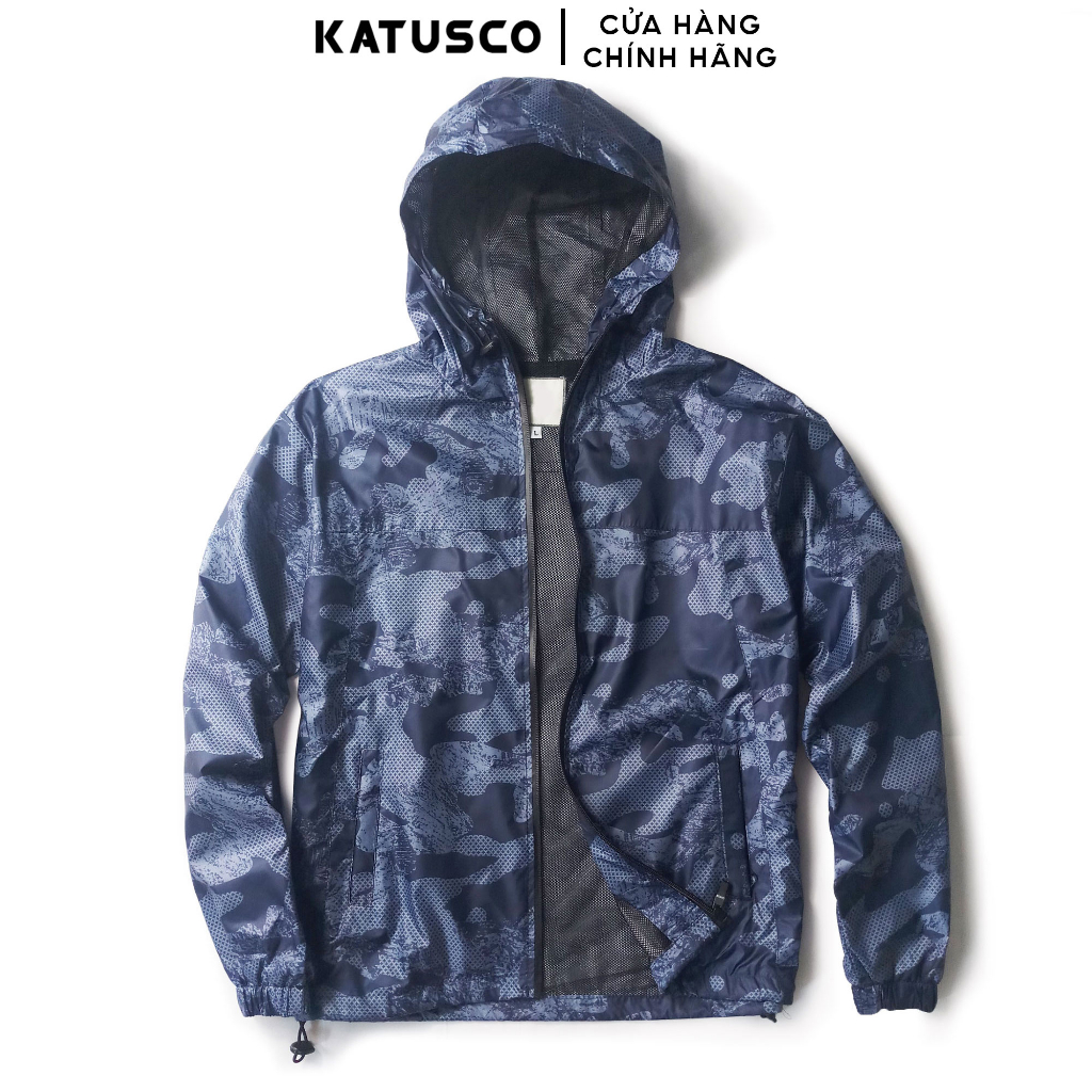 Áo Khoác Gió Nam Thể Thao KATUSCO Họa Tiết Camo A2220, Vải Dù Lót Lưới, Chống Nắng, Trợt Nước, Mũ May Liền Có Dây Rút