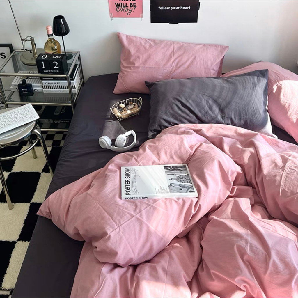 Cotton tic| Bộ 4 món ga gối cotton tici ga đen mix màu đẹp nhìu