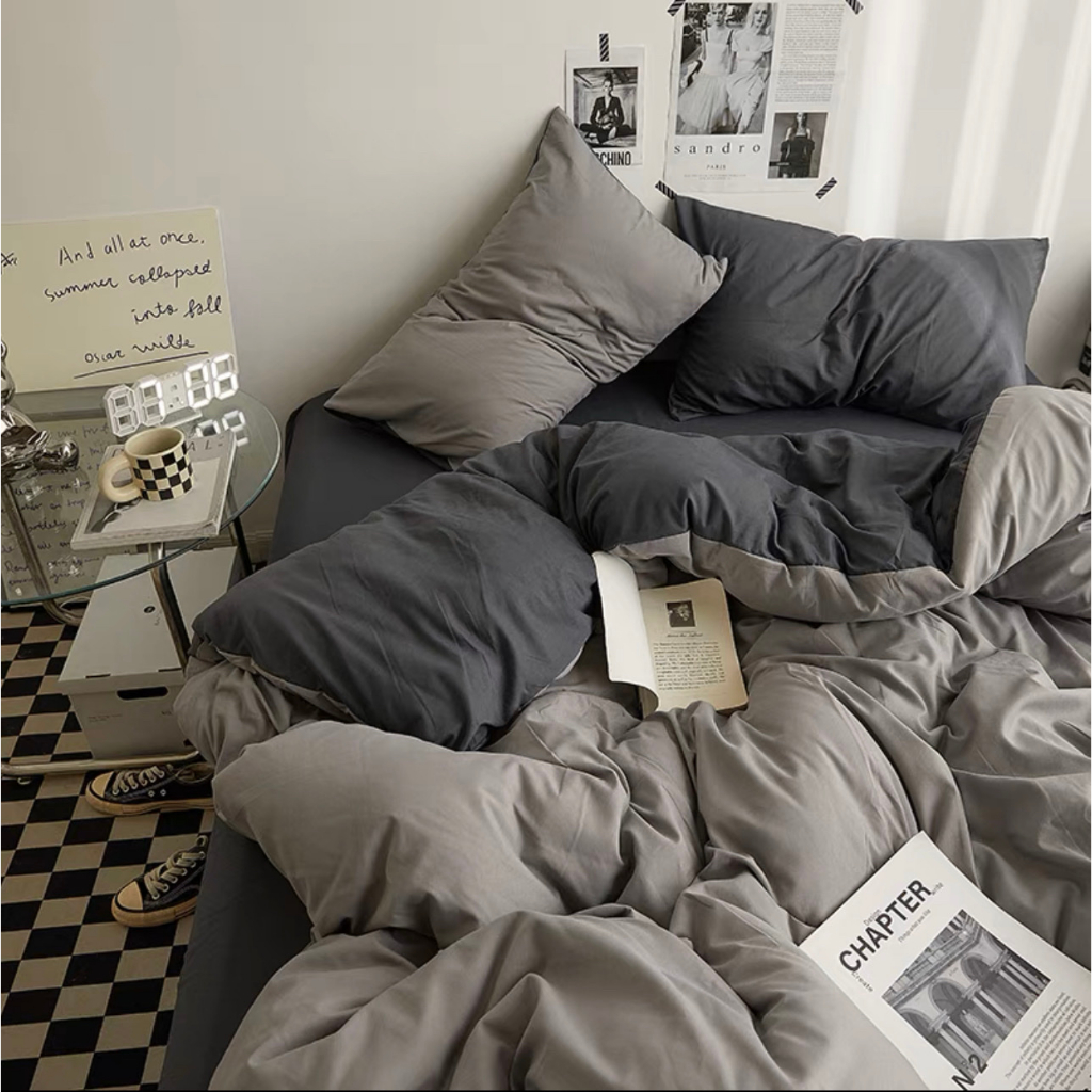 Cotton tic| Bộ 4 món ga gối cotton tici ga đen mix màu đẹp nhìu