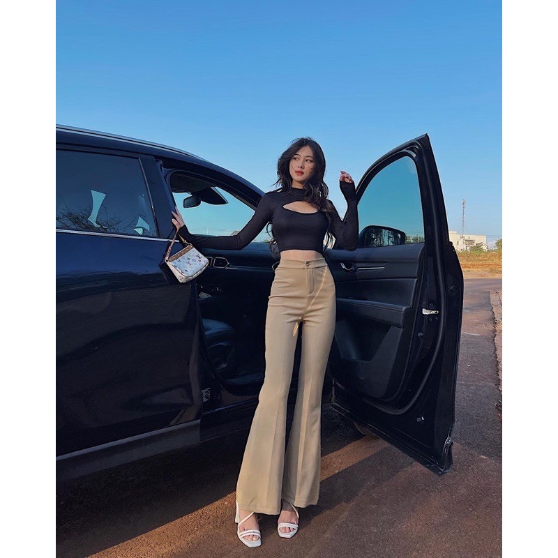 Quần nữ ống loe cạp cao lưng cao nữ công sở 2 cúc vải tuyết mưa