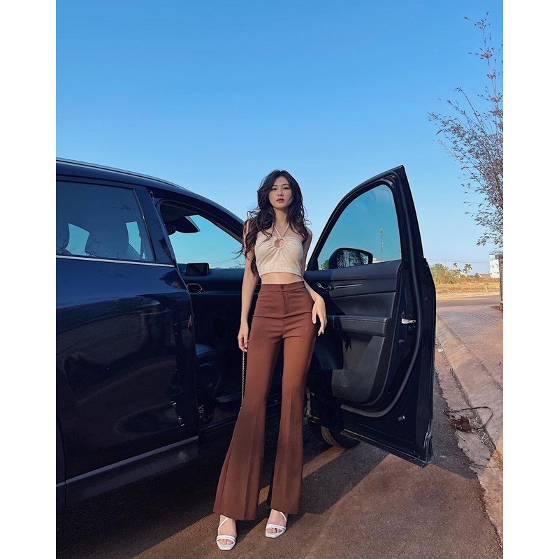 Quần nữ ống loe cạp cao lưng cao nữ công sở 2 cúc vải tuyết mưa