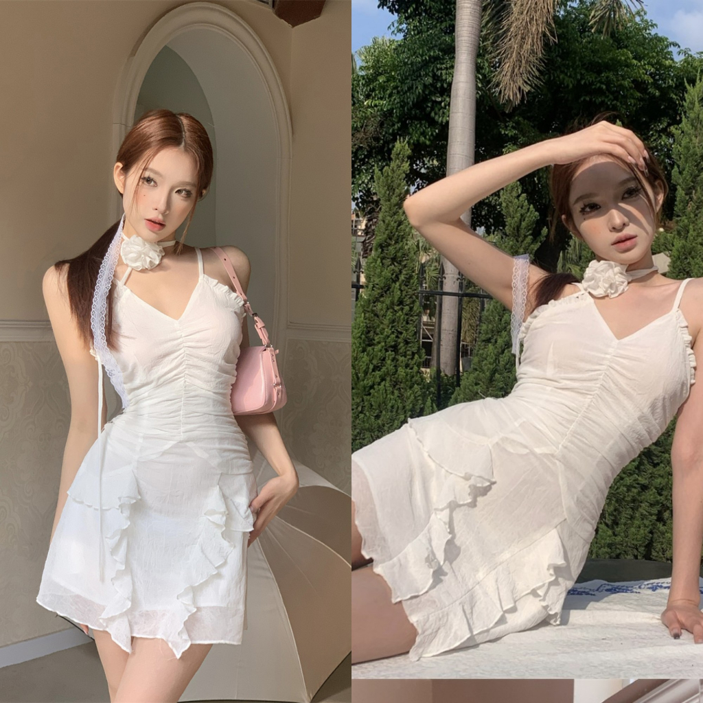VÁY ĐẦM 2 DÂY ĐUÔI CÁ TRỄ NGỰC KÈM HOA TGFASHION
