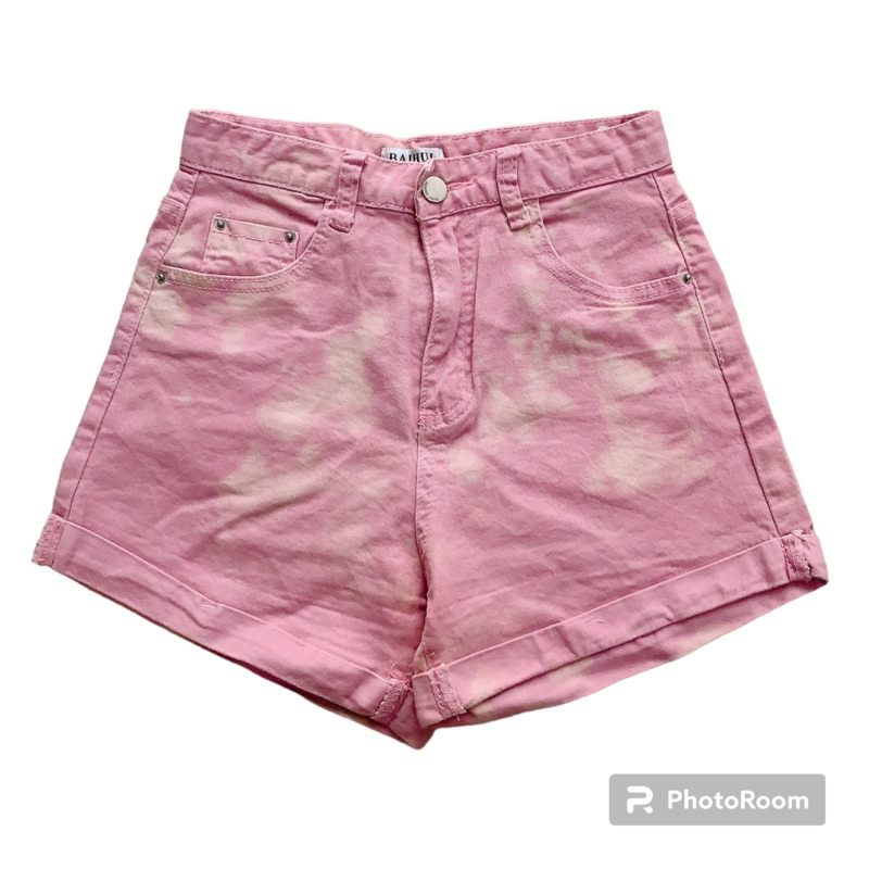 short jean hồng loang lưng cao cá tính 2hand, short đùi nữ 2hand, short lưng cao 2hand