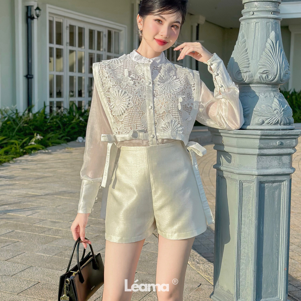 LEAMA | The White Garden Set | Áo sơmi vải tơ phối ren 3D và quần