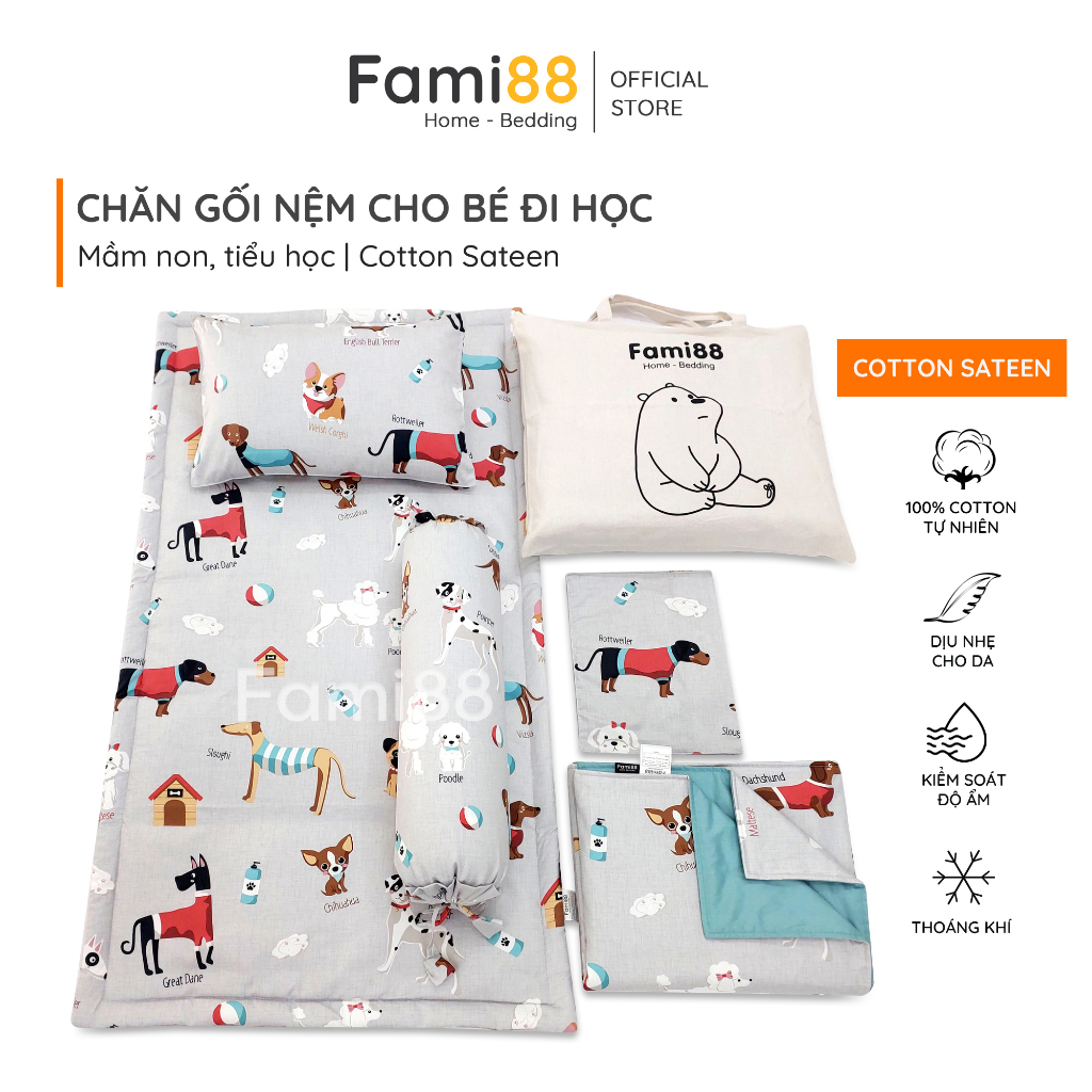 Bộ nệm mền gối cho bé đi học mầm non tiểu học Fami88 Bedding, chăn cho bé trai bé gái hình Doraemon 100% Cotton tự nhiên